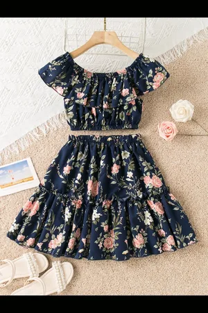 BAESD Girls Floral Printed Round Neck Top with Skirt