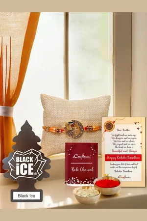 eCraftIndia Set Of 2 Peacock Charm Rakhi With Air Freshener Black Ice Pack & Roli Chawal