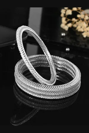 Voylla Set Of 4 Rhodium Plated Cubic Zirconia Studded Bangles