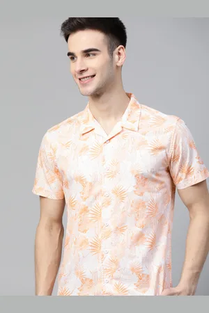 HERE&NOW Men Orange & White Slim Fit Pure Cotton Floral Print Casual Shirt