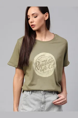 Roadster Women Olive Green Brand Logo Printed Round Neck Relaxed Fit Cotton T-shirt
