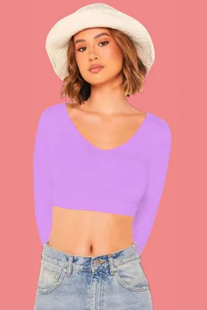 Dream Beauty Fashion Women Solid V-Neck Long Sleeves Crop Fitted Top