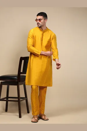 WHITE HEART Band Collar Straight Kurta With Pyjamas