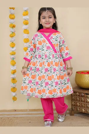 AJ DEZINES Girls Floral Printed Regular Pure Cotton Kurti with Salwar & With Dupatta