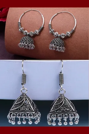 NVR Women Set of 2 Ethnic Silver Plated Oxidised Circle Jhumka Earrings