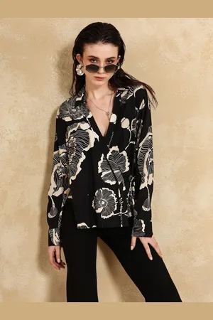 Kazo Dominika Women Floral Printed Shirt Collar Wrap Top