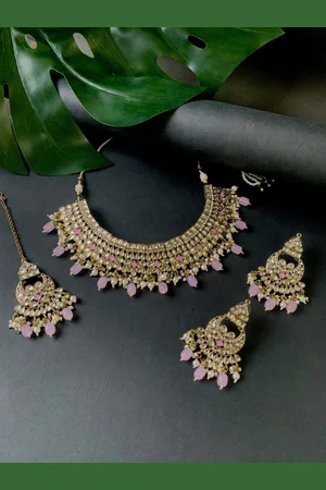 I Jewels Gold-Plated Kundan Stones Studded & Beaded Necklace & Earrings & Maang Tikka