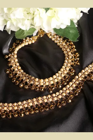 JEWELS GEHNA Women Pair of Gold Plated Partywear Bridal Look Stone Studded Anklet