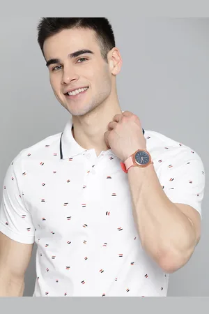 Mast & Harbour Men White & Navy Blue Printed Cotton Polo Collar T-shirt
