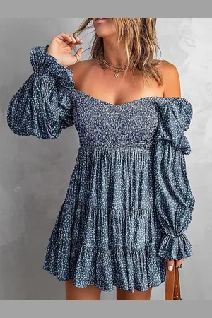 HERE&NOW Printed Off-Shoulder Puff Sleeve A-Line Dress