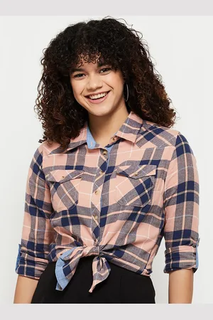 Max Collection Women Peach-Coloured Tartan Checks Checked Casual Shirt