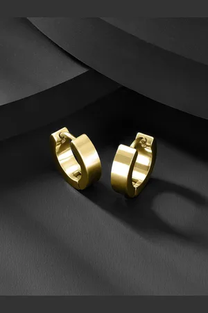 Peora Men Stainless Steel Gold Plated Contemporary Shaped Hoop Earrings With Red Rose