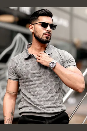 Maniac Men Self Design Polo Collar Cotton Slim Fit T-shirt