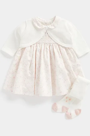 Mothercare Infant Girls Printed Peter-Pan Full Sleeves Dress with Tights & Cardigan