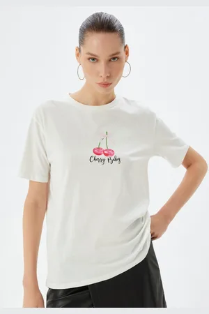 Koton Women Graphic Printed V-Neck Cotton Oversized T-shirt