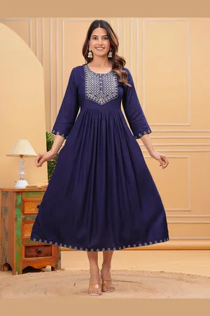 Moda Rapido Floral Pleated Embroidered Round Neck Fit & Flare Ethnic Dress