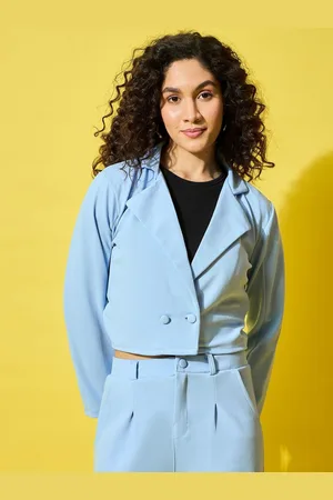BuyNewTrend Double-Breasted Notched Lapel Collar Formal Crop Blazer