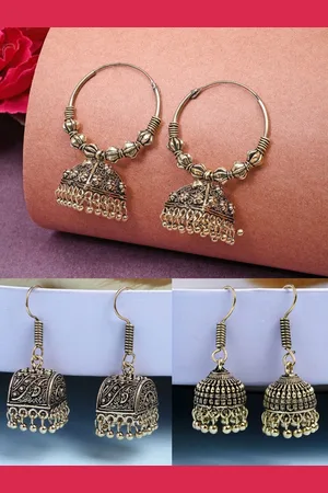 NVR Women Set of 3 Gold Plated Oxidised Contemporary Jhumka Earrings