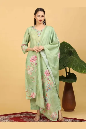 Goldstroms Women Floral Embroidered Regular Thread Work Linen Kurta with Trousers & With Dupatta