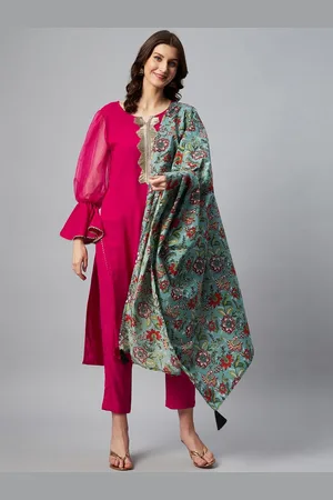 InWeave Women Fuchsia & Sea Green Floral Puff Sleeves Kurta with Trousers & With Dupatta