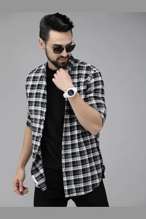 The Bear House Men Black Pure Cotton Checked Slim Fit Flannel Shirt
