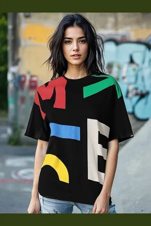 Bewakoof Black Typography Printed Round Neck Short Sleeves Cotton Oversized T-shirt