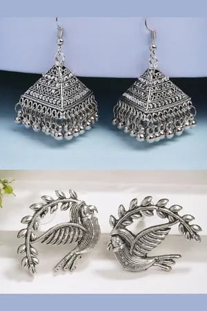 NVR Women Silver Toned Oxidised Set of 2 Jhumka & Drop Earrings