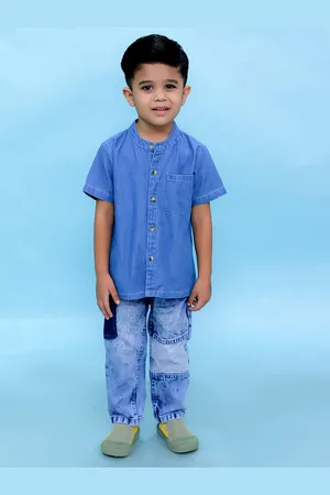 The Mom Store Boys Classic Mandarin Collar Solid Cotton Casual Shirt