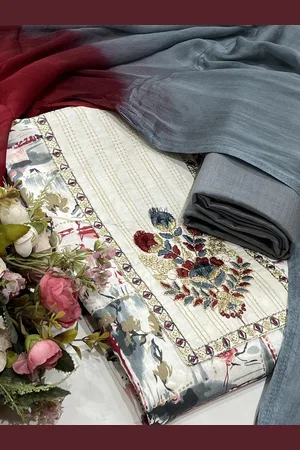 SALWAR STUDIO Floral Printed Embroidered Cotton Unstitched Dress Material