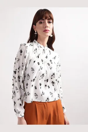 CENTRESTAGE Women White & Black Floral Printed High Neck Top