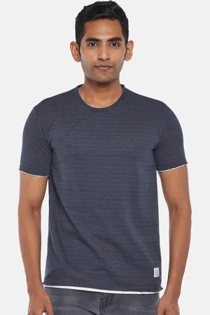 PEOPLE Men Navy Blue Self Design T-shirt
