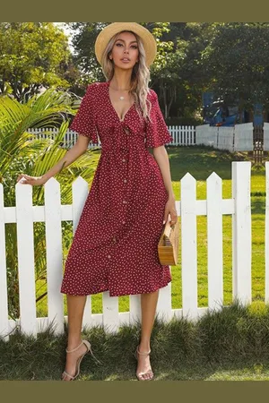 DressBerry Polka Dot Print Fit & Flare Midi Dress