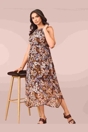 DressBerry Floral Print Halter Neck Chiffon Fit & Flare Midi Dress