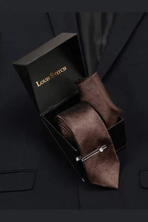 LOUIS STITCH Men Van Dyke Brown Italian Silk Necktie Accessory Gift Set