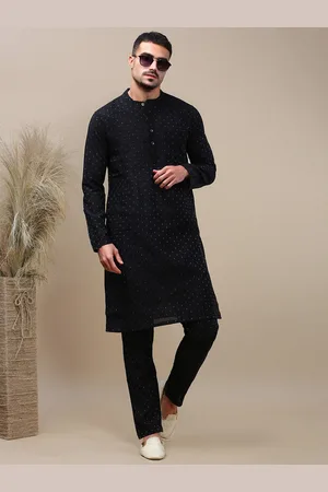 WHITE HEART Geometric Woven Design Band Collar Straight Kurta With Pyjama