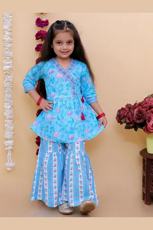 AJ DEZINES Girls Floral Printed Angrakha Pure Cotton Kurta with Sharara