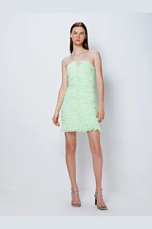 COVER STORY Green Geometric Self Design Halter Neck Party Sheath Dress