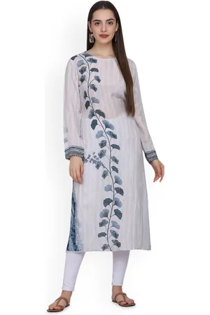 DIVASTRI Floral Printed Round Neck Beads and Stones Silk Straight Kurta