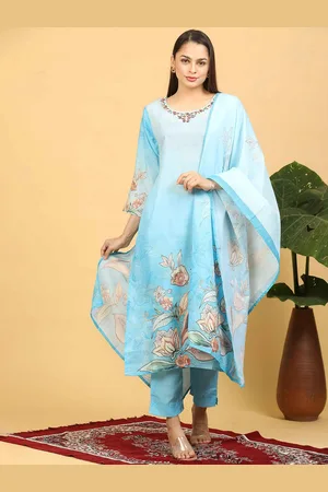 Goldstroms Women Floral Embroidered Regular Linen Kurta with Trousers & With Dupatta