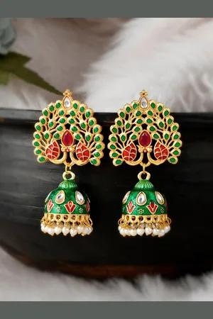 Dastoor Green & Red Gold-Plated Contemporary Jhumkas Earrings