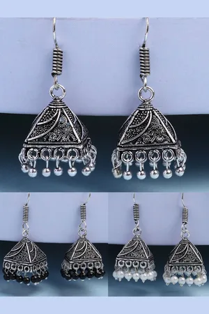 NVR Women Set of 3 Oxidised Silver Plated Artificial Beads Jhumka Earrings