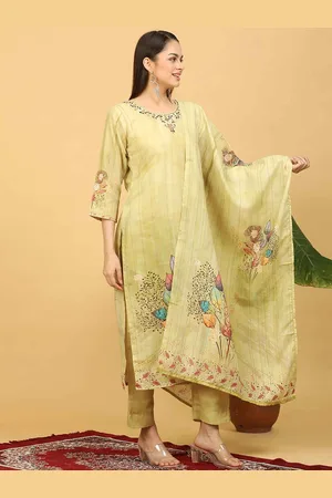 Goldstroms Women Floral Embroidered Regular Thread Work Linen Kurta with Trousers & With Dupatta