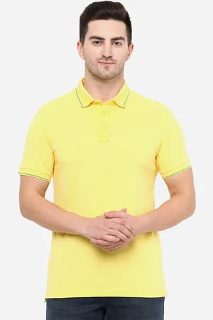JADE BLUE Men Yellow Solid Polo Collar Slim Fit Cotton T-shirt