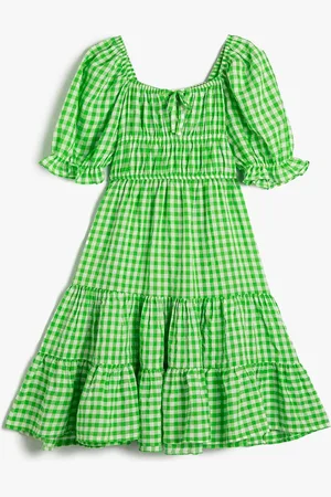 Koton Girls Checked Puff Sleeves Gathered Detailed Fit & Flare Dress