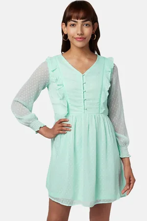Pantaloons Sea Green Self Design Ruffled Mini Dress