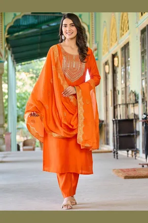 Kalini Women Ethnic Motifs Embroidered Regular Raw Silk Kurta with Trousers & With Dupatta
