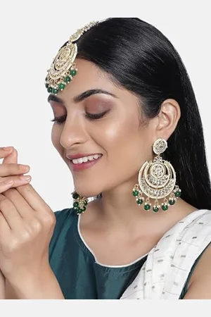 I Jewels Gold-Plated & Green Chandbali Earrings with Maang Tikka