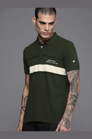 WROGN Men Olive Green Striped Polo Collar Slim Fit T-shirt