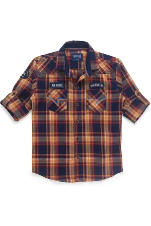CAVIO Boys Mustard Yellow & Navy Blue Tartan Checks Cotton Blend Casual Shirt