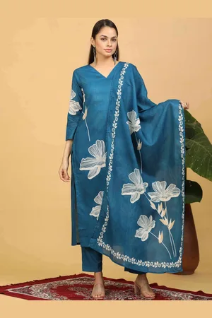 Goldstroms Women Printed Regular Linen Kurta with Trousers & With Dupatta